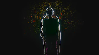 A whimsical character sketch mid-motion, glowing softly against a dark backdrop.