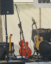 Close-up of a guitar and microphone on stage ready for the next act.