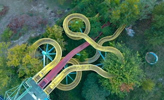 An aerial view of a complex water slide structure with intertwining yellow slides surrounded by dense green foliage. The slides are supported by a blue metal framework and appear to be part of an amusement park or a water park. The vibrant colors of the slides contrast with the natural greenery of the trees and shrubs around them.
