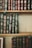 A collection of classic hardcover books with intricate gold designs and lettering on their spines. The books are tightly arranged on wooden shelves, showcasing a variety of titles and authors. The spines are predominantly green, blue, and burgundy, with ornate decorative patterns.