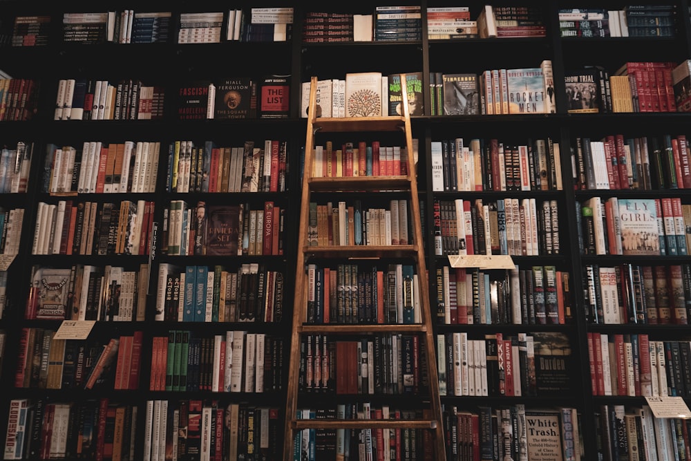 brown wooden ladder leaning of bookshelf