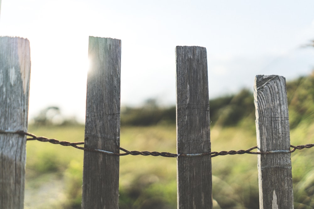 a close up of a wooden fence with grass in the background