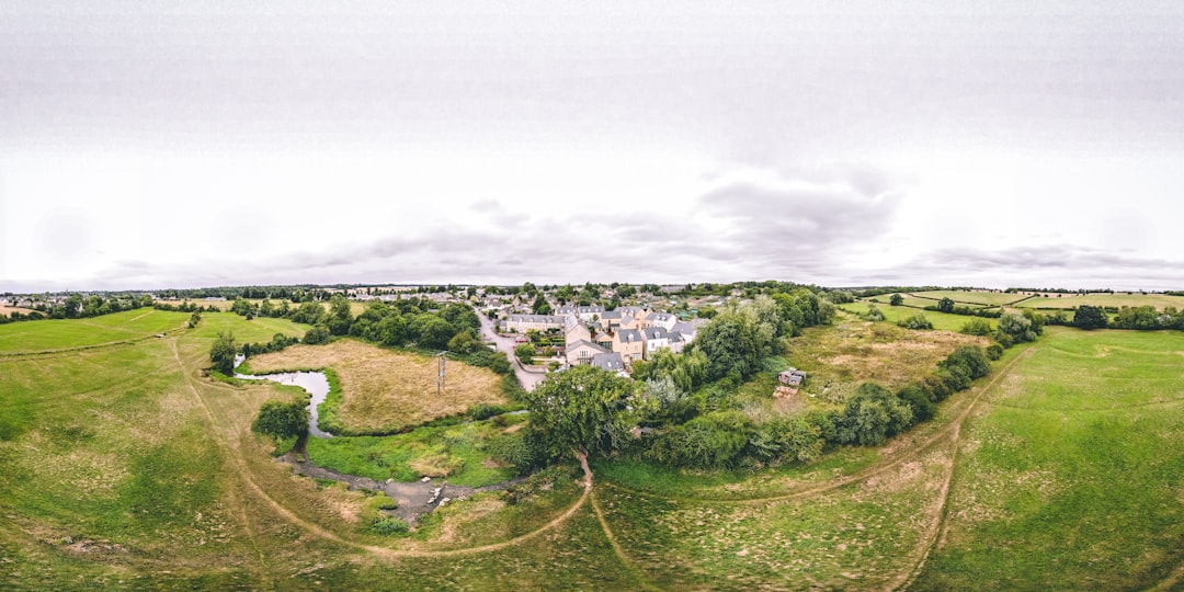 aerial view of green hill and trees under cloudy sky