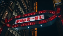 A prominent red and white illuminated sign with Japanese characters is set against the backdrop of a cityscape. The sign features bright lights that are arranged in a glowing border. Nearby, tall buildings with lit windows and additional signage can be seen.