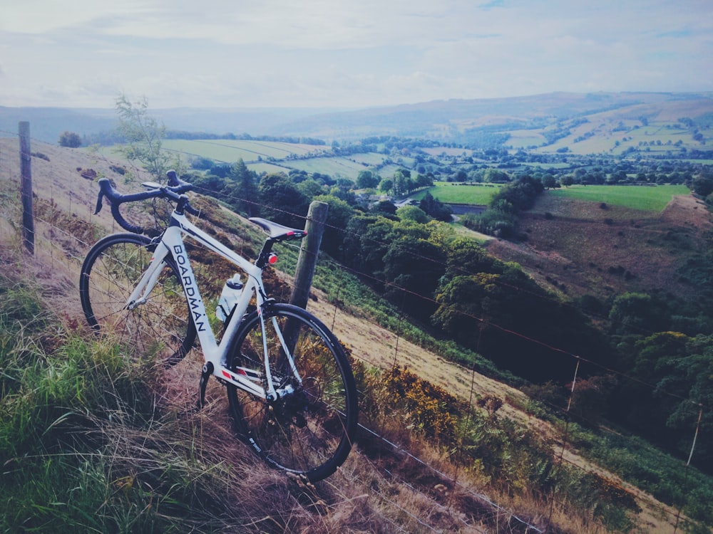 white Boardman road bike park on hill