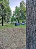 An outdoor sculpture installation surrounded by greenery in a public park.