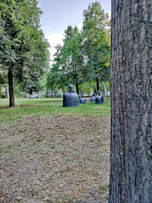 An outdoor sculpture installation surrounded by greenery in a public park.