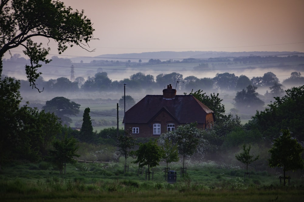 Casa vermelha cercada por árvores