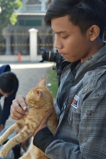 A volunteer gently holding a rescued cat outdoors.