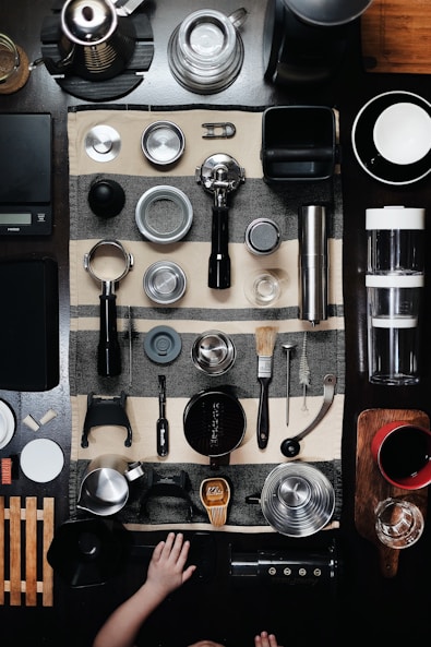 top view photo of table with kitchen tools