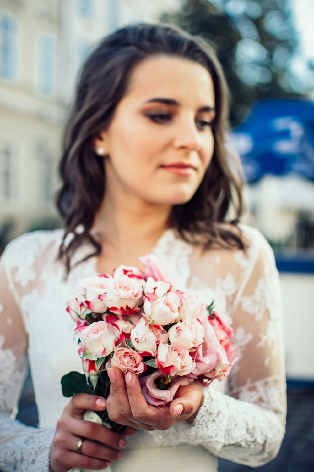 bouquet of white and red roses