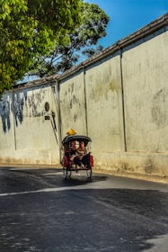 A person is sitting in a pedicab, traveling along a quiet street lined with a large, weathered wall. A leafy tree branch partially shades the street, and the sky is clear and blue.