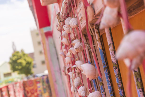 Decorative mirror framed with natural fibers and seashells, hanging on a warm-toned wall.