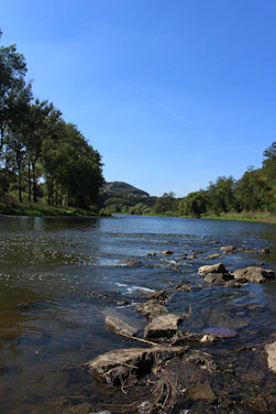 A serene river flowing through rocky terrain under a clear blue sky, symbolizing natural water sources.