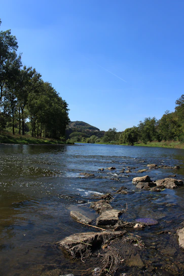 A serene river flowing through rocky terrain under a clear blue sky, symbolizing natural water sources.
