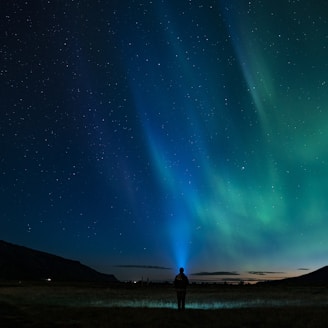 silhouette of person standing under aurora night sky