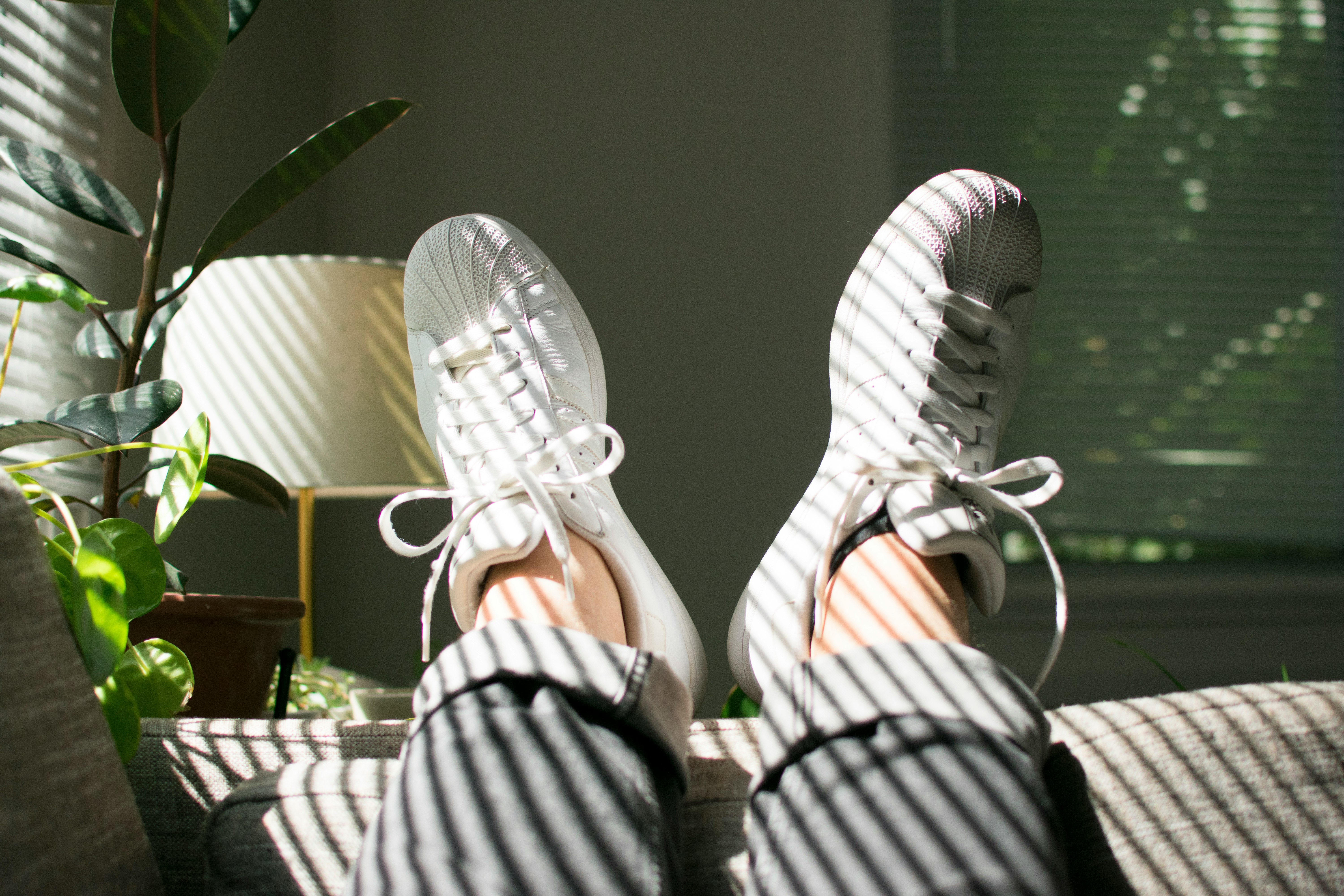 pair of white adidas superstar sneakers