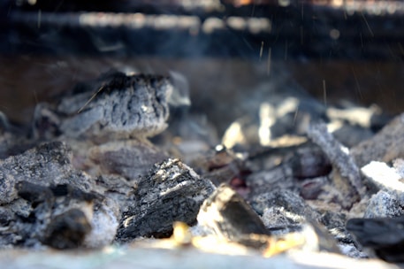 Charred pieces of coal and ash lie scattered, with a few embers glowing faintly under a soft haze of smoke. The texture of the charcoal is rough and burnt, with some pieces showing lighter gray ash and others darker black surfaces.