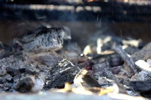 Charred pieces of coal and ash lie scattered, with a few embers glowing faintly under a soft haze of smoke. The texture of the charcoal is rough and burnt, with some pieces showing lighter gray ash and others darker black surfaces.