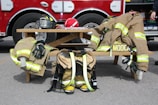 A wooden bench in front of a fire engine holds firefighter gear, including helmets, jackets, gloves, and boots. The items are neatly arranged, indicating readiness. The fire engine in the background is red with silver elements.