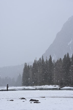 An angler ice fishing on a frozen lake, surrounded by snow-covered trees.