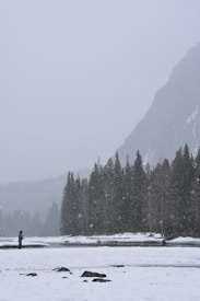 A snowy landscape with a person fishing near a body of water, surrounded by dense coniferous trees and a large mountain partially covered in snow. Snowflakes are gently falling, adding to the serene winter atmosphere.