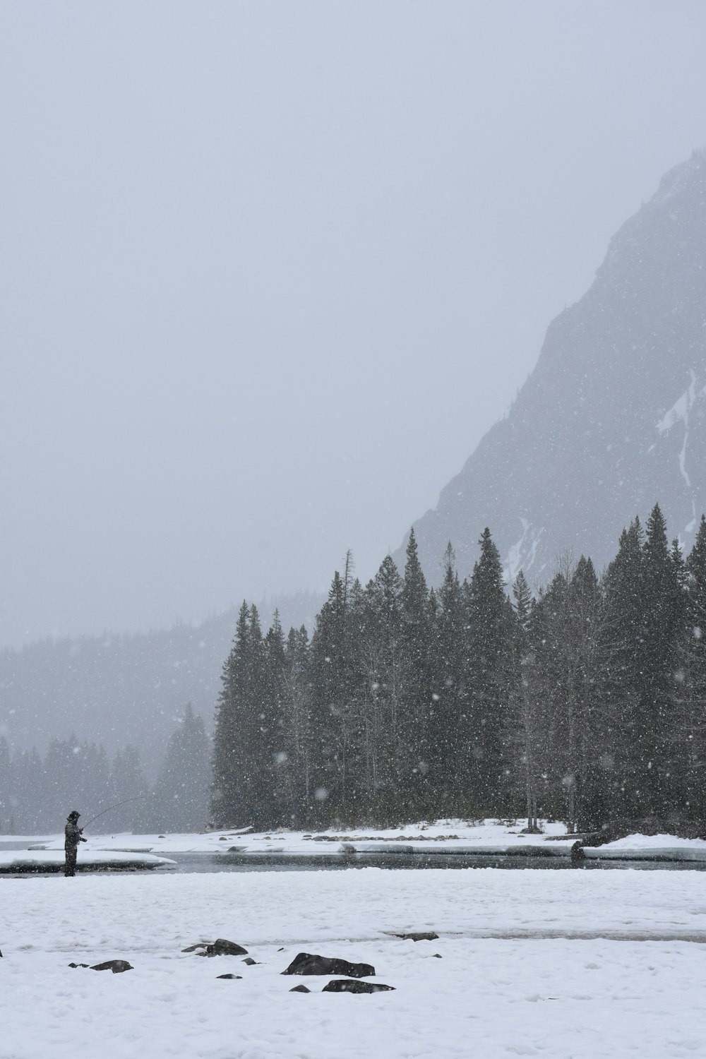 person fishing near body of water during snow