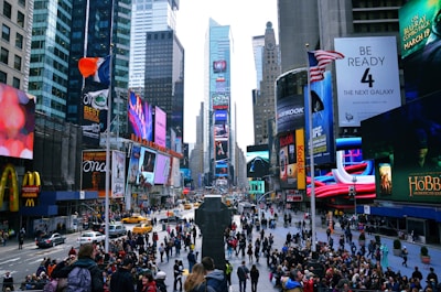A vibrant street scene in the heart of New York City.