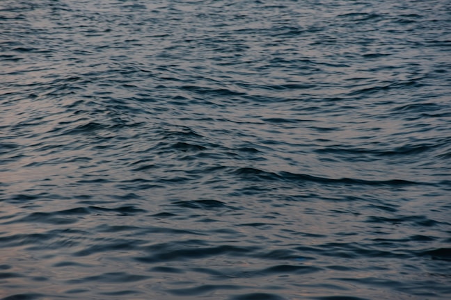 A calm sea with gentle waves reflecting the soft grey and white hues of dawn.