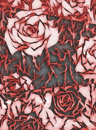 The image features an abstract depiction of roses with bold outlines in shades of red and pink. The roses are intertwined with contrasting black background elements, creating a layered and intricate design.