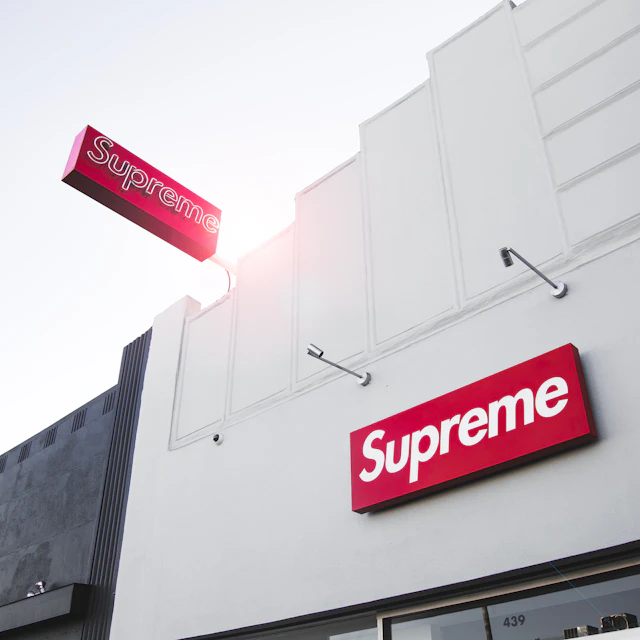 The white concrete facade of the Supreme store on Fairfax Avenue in Los Angeles in late afternoon sun