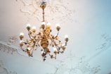 An ornate, antique chandelier with multiple light bulbs hangs from a ceiling with intricate, decorative plasterwork. The chandelier features detailed metalwork and floral motifs, casting a warm glow on the elegant surroundings.