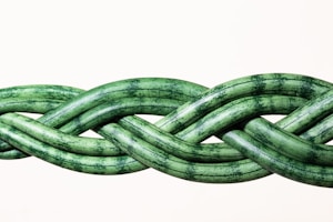 A close-up view of a green, braided hose or tubing with a smooth texture and distinct black markings. The braid is woven in a complex, interlaced pattern against a plain white background.