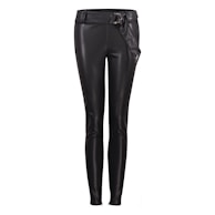 Black leather pants featuring a fitted design with a belt detail at the waist. The material has a shiny finish, giving it a sleek and stylish appearance.