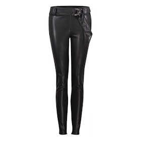 A stylish pair of leather pants folded neatly beside a minimalist belt.