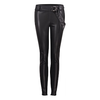 A stylish pair of leather pants folded neatly beside a minimalist belt.