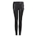 Black leather pants featuring a fitted design with a belt detail at the waist. The material has a shiny finish, giving it a sleek and stylish appearance.