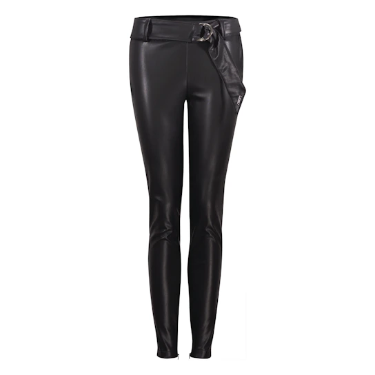 Black leather pants featuring a fitted design with a belt detail at the waist. The material has a shiny finish, giving it a sleek and stylish appearance.