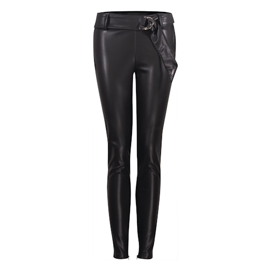 Black leather pants featuring a fitted design with a belt detail at the waist. The material has a shiny finish, giving it a sleek and stylish appearance.