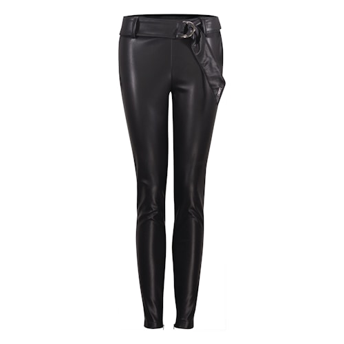Black leather pants featuring a fitted design with a belt detail at the waist. The material has a shiny finish, giving it a sleek and stylish appearance.