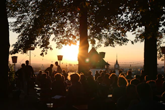 A welcoming outdoor event setup surrounded by lush green trees at sunset.