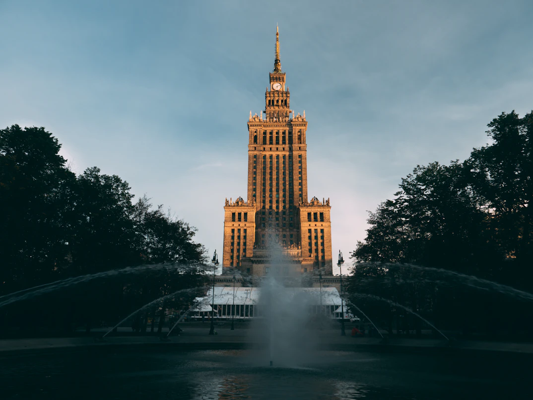 The iconic Palace of Culture and Science amidst Warsaw's modern skyline