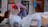 An elderly person wearing a red cap and striped clothing is sorting through several large transparent bags filled with recyclables and cardboard boxes on a city sidewalk. Surrounding the person are signs in another language, some depicting services offered inside nearby establishments.