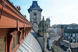 A rooftop view of an urban area featuring a historic building with ornate stone towers and decorative elements. The foreground reveals a sloped roof with red trim and arched windows. In the background, a mix of modern and historic architecture is visible, including a tower crane indicating ongoing construction.