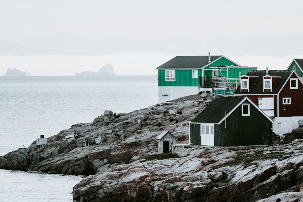 Maison verte et noire près du plan d’eau sous un ciel blanc