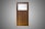 A wooden door with a simple design, featuring a large, frosted glass pane on the upper section and a solid wood panel below. The wood is of a dark brown color with a visible grain pattern. The background is a plain gray, highlighting the door.