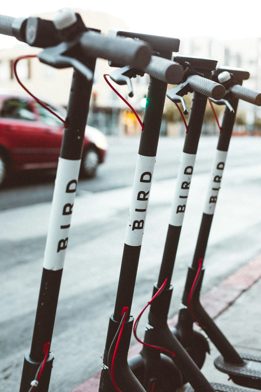 selective focus photo of four Bird electric scooters