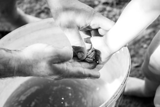 A close-up black and white image shows two pairs of hands, one adult and one child, gently holding a small frog over a bucket of water. The frog is resting in the cupped hands, and the setting appears to be outdoors, possibly near a natural environment.