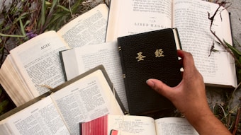 Several open books display text in different languages, including Hebrew and Latin script, spread on a surface with greenery around them. A hand holds a black book with gold lettering.