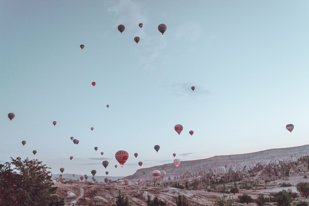 flying hot air balloons on mid air